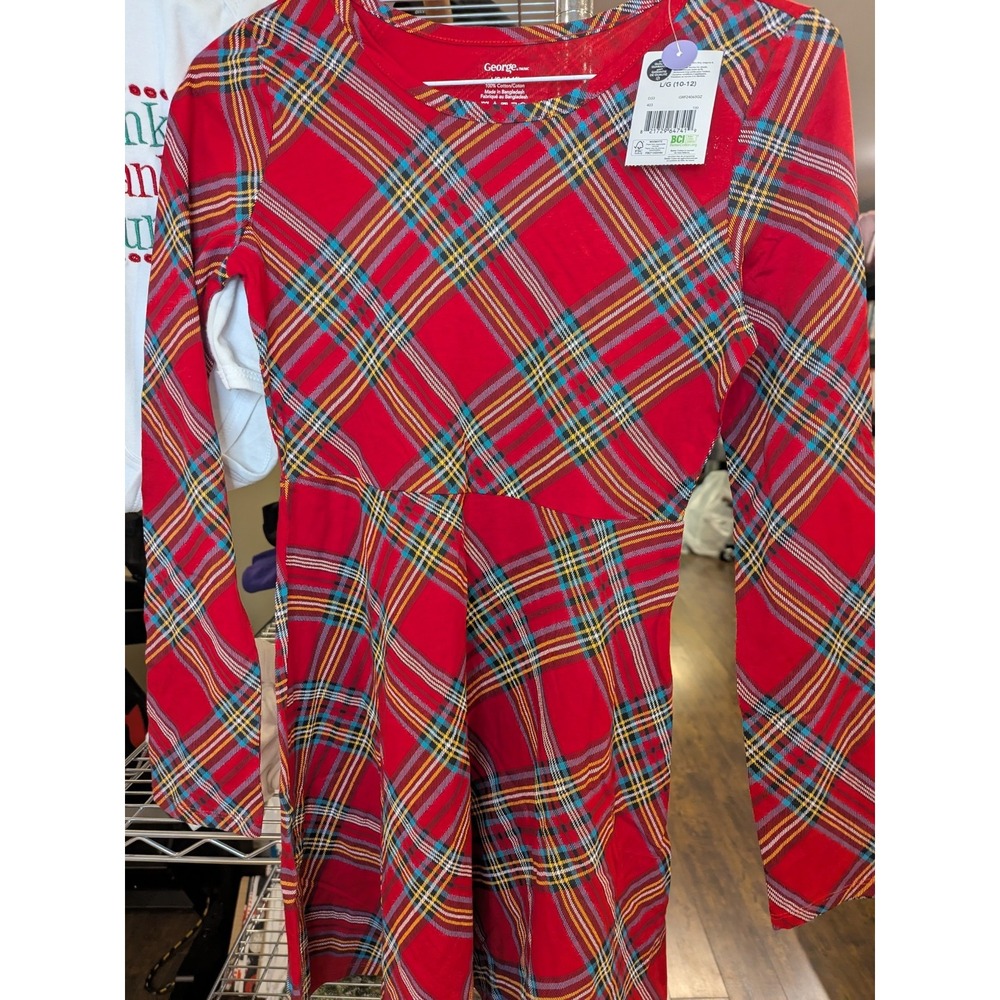 George Girls Long Sleeve Dress‎ Red Tartan Plaid Size L And XL 10-12 14-16 NWT